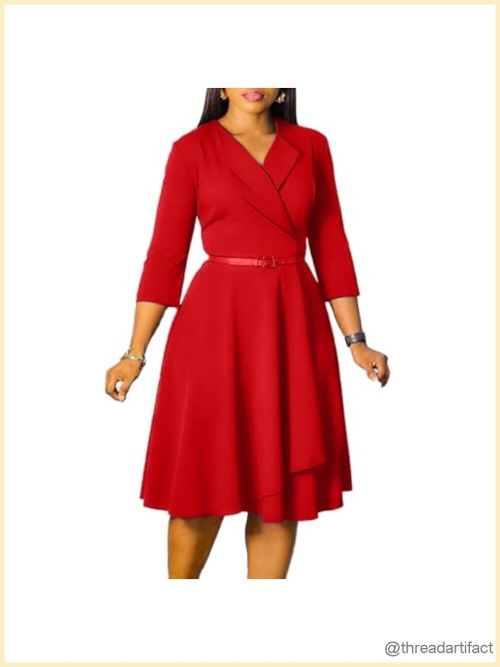 3/4 Sleeve A-Line Swing Dress with Belt for Work Church Wedding
